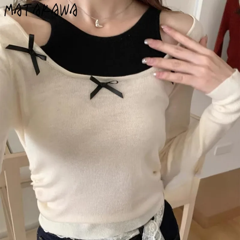 Matakawa Y2k Fake 2-częściowe swetry damskie z kokardkami Koreańska moda Vintage Sexy Ropa De Mujer Wiosna Jesień Casual Pullovers