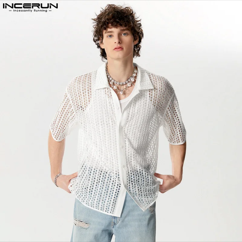 Incerun Tops 2024 Amerikaanse Stijl Nieuwe Mannen Holle Sexy Perspectief Dunne Shirts Casual Streetwear Eenvoudige Korte Mouwen Blouse S-5XL