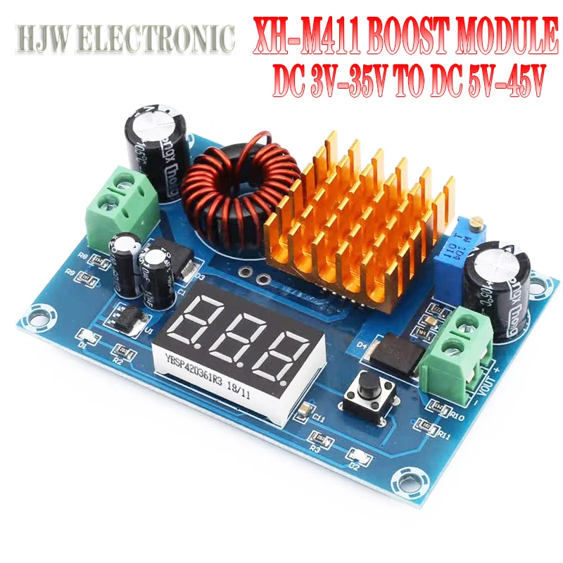 XH-M411 DC 3V-35V To DC 5V-45V Boost Module Digital Voltmeter DC-DC Step Up Module Boost Converter Board 5A Power Adjustable