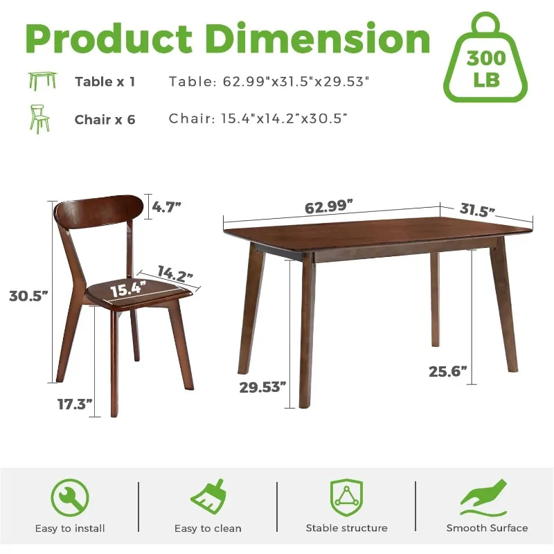 7-Piece Solid Wood Kitchen Table Set for 6, Oak Wooden Dining Chairs for Dining Room, Dinette, Compact Space, Dining，home.