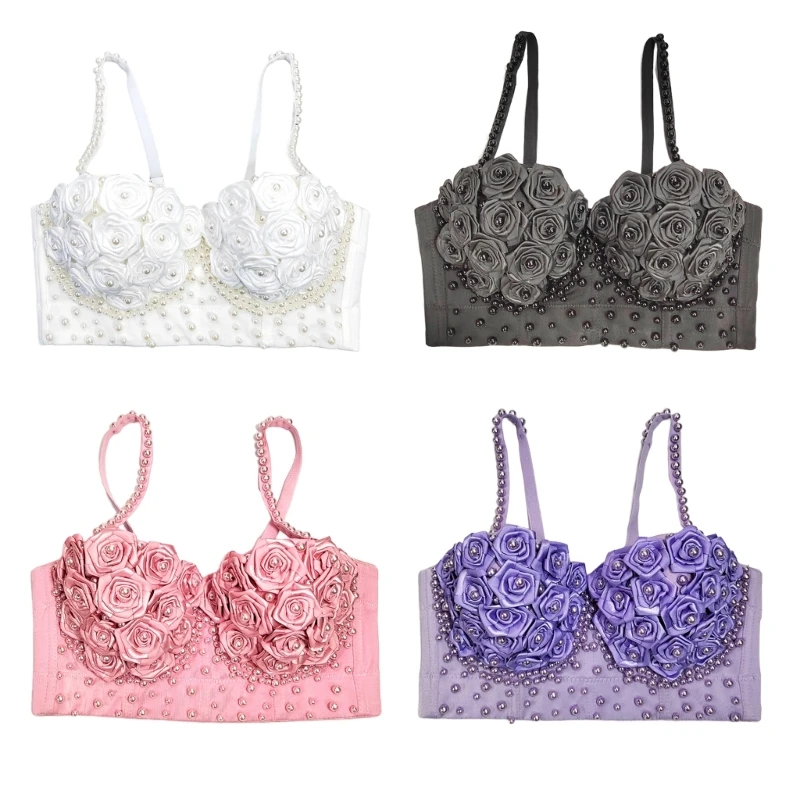 

Women 3D Rose Floral Corsets Bras Solid Color Pearls Beaded Sleeveless Bustiers T8NB