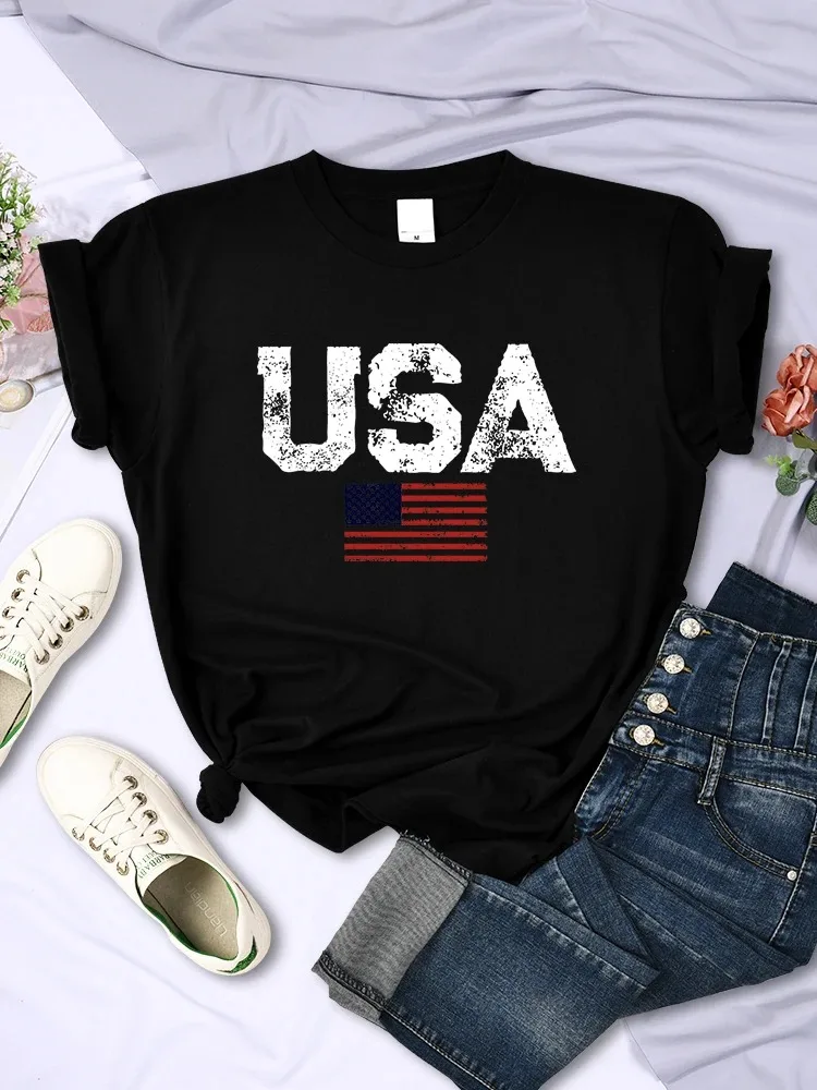 

Women's Cotton T-Shirt Casual Street Hip Hop Short Sleeve Usa Letters American Flag Printed Clothing Summer Breathable Top