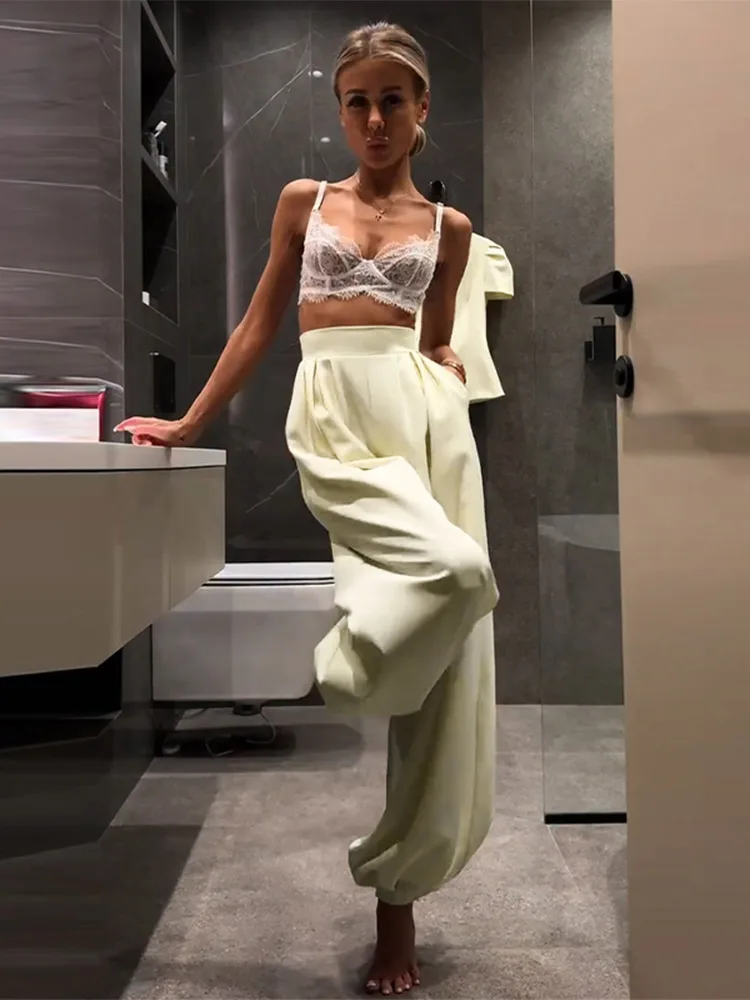 Puffärmel-Oberteil mit Taillenschnürung und Laternenhose für Damen, Streetwear-Set mit Einreiher-Oberteil und Weiter Hose, Schicke Damen-Sets – Detail 10