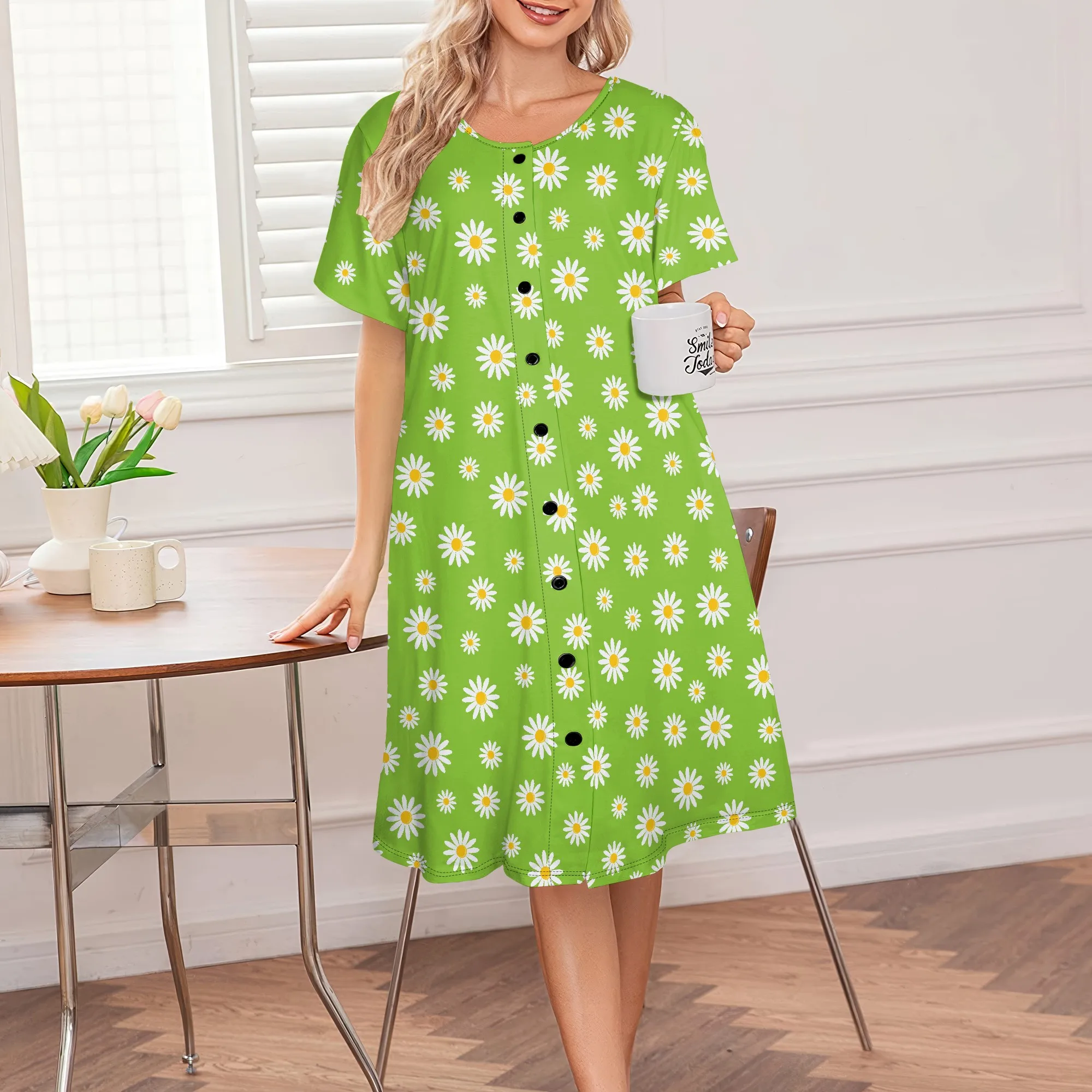 

Women's Summer Dress Flower Print Round Neck Button Loose Breathable Midi Skirt for Work from Home Casual Picnic
