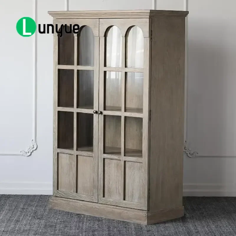 European Style Recycled Wood Sideboard with Glass Doors Classic High Shelf Cabinet for Restaurant Living Room Storage