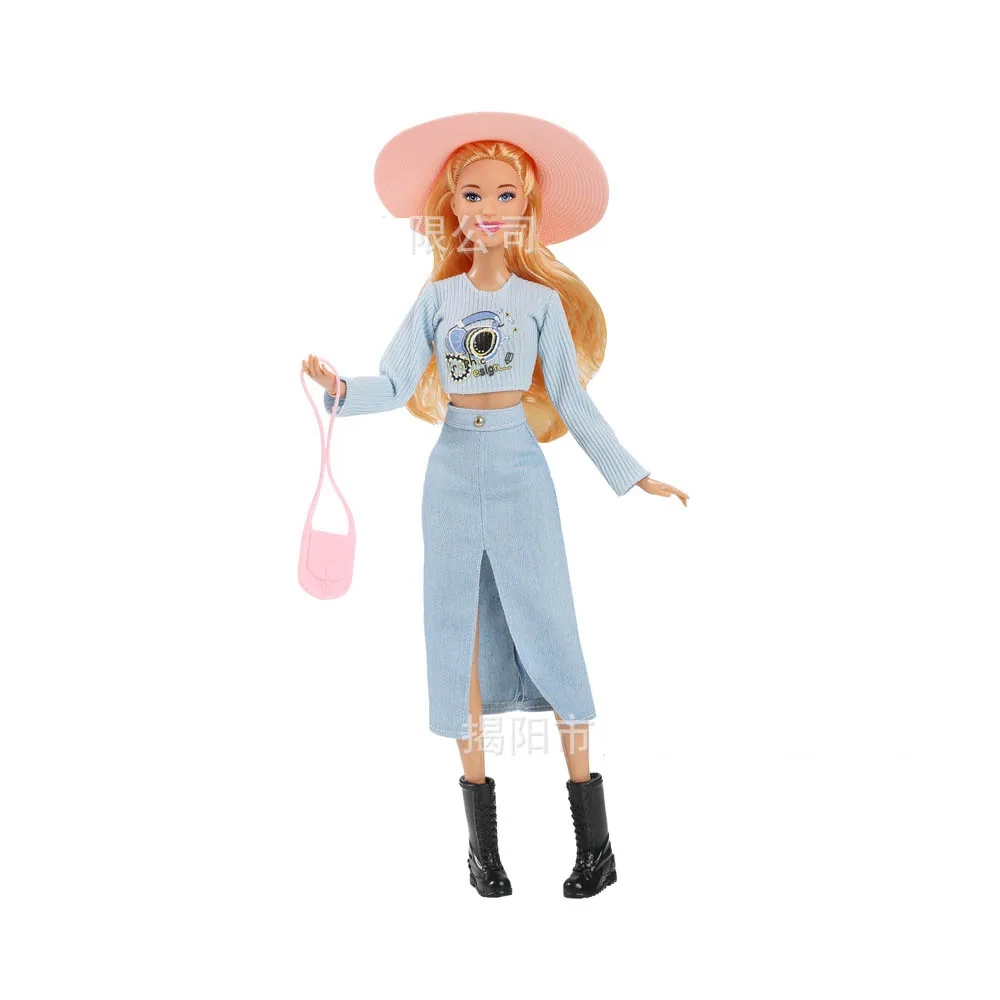 30cm European Fashion Girls Princess Doll Trendy Casual Top + Denim Skirt Set 1/6 BJD Dolls Joints Movable Kids Play House Toy