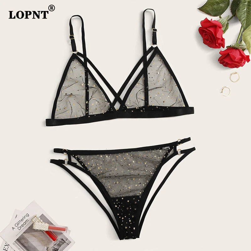 LOPNT Mesh Bra Set Women\'s Bronzing Star Sexy Lingerie New Net Yarn Perspective Three-Point Underwear Bandage Hollow Suit