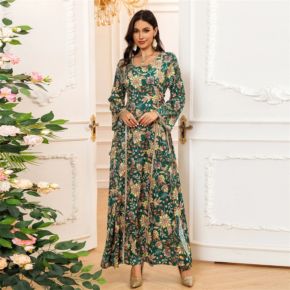 Ramadan Eid musulman Abaya pour femmes robes de soirée arabe longue Robe fleur imprimé caftan Islam Jalabiya robes