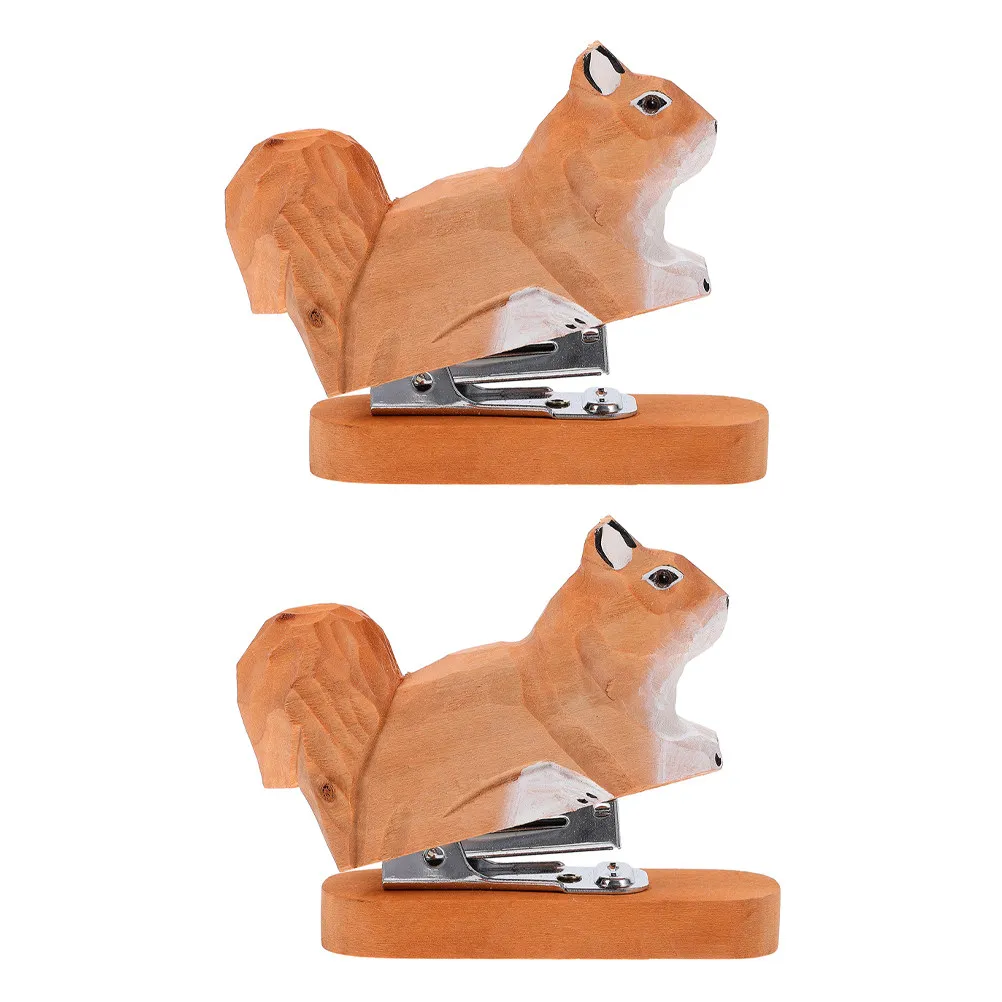 2Pcs Wood Animal Stapler Mini Compact Cute Squirrel Design Office Stapler Desktop Document Binder Creative Office Supplies