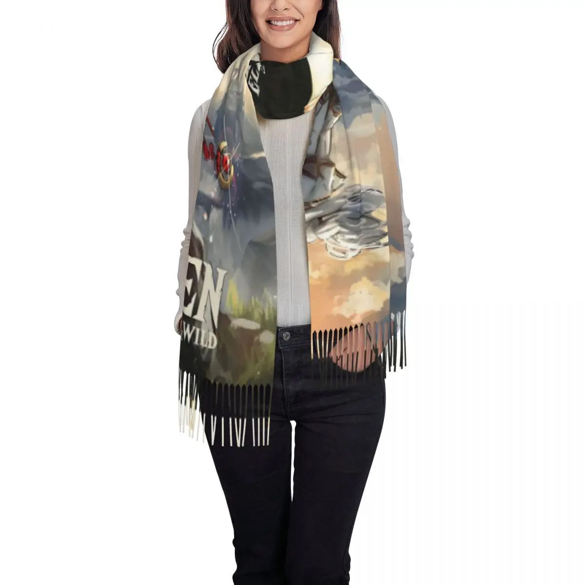 Customized Female Long Frieren Beyond Journey's End Scarves Women Winter Thick Warm Tassel Shawl Wraps Japane Anime Manga Scarf