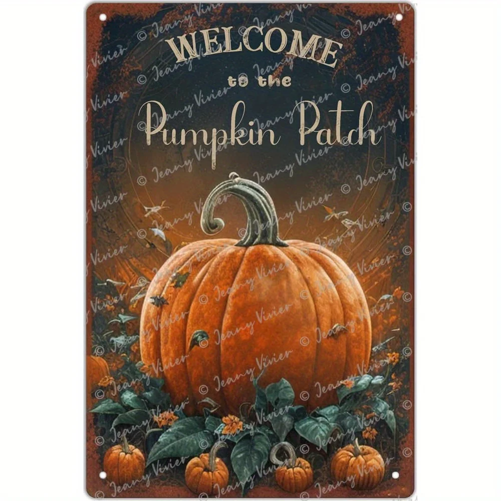 Zomyto Welcome to the Pumpkin Patch Metal Wall Decor -   Rustic Farmhouse Tin Sign with Pumpkin, Bat & Leaf Design, Handmade Aut