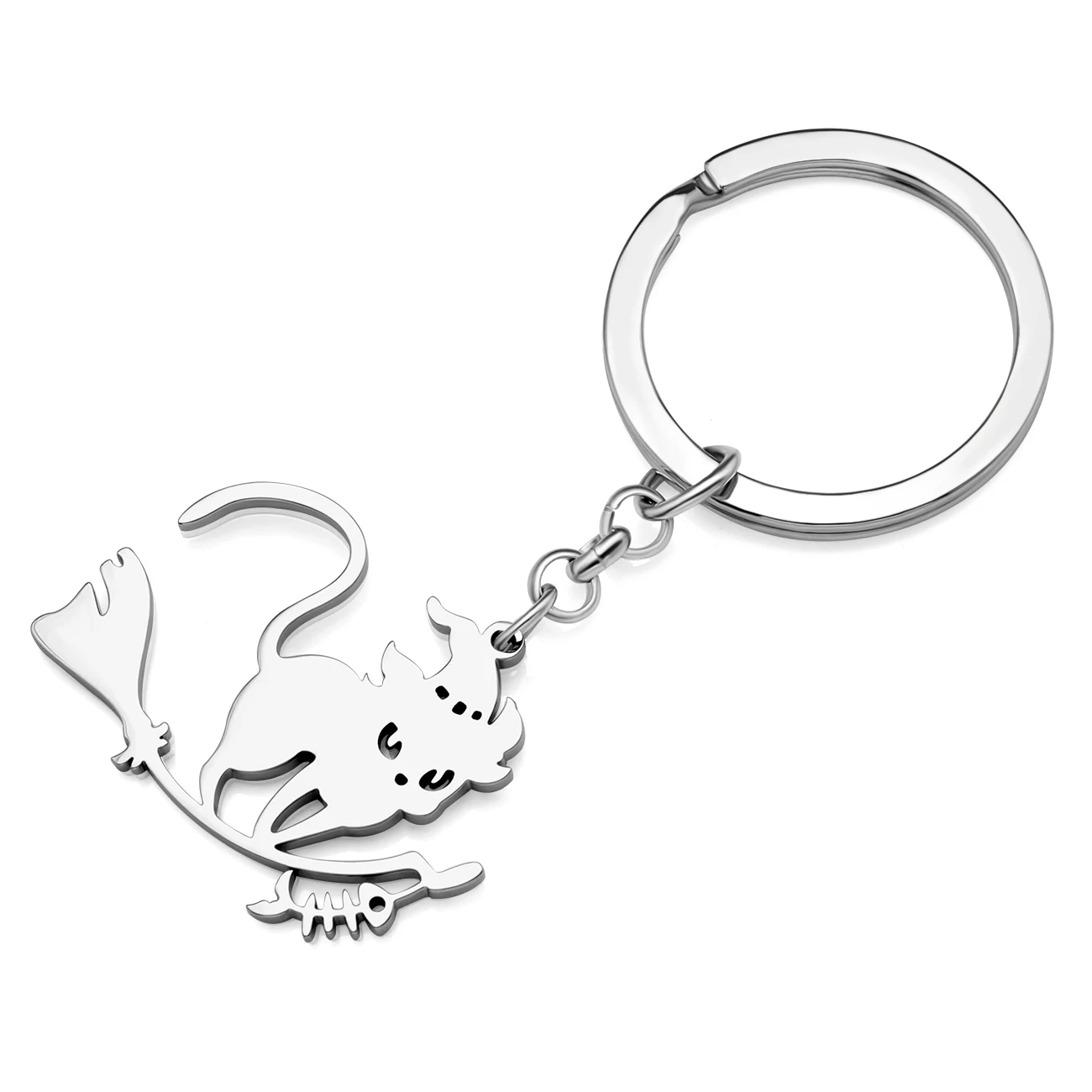 Bonsny Silver Plated Stainless Steel Halloween Magic Cat Broomstick Keychains Key Chain Handbag Car Purse Keyring For Women Gift