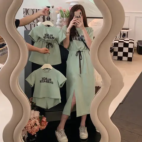 Mommy And Daughter Dresses Mother And Son Matching Outfits 2022 Summer Brother Sister Baby Girls Boys Sets Fashion Women Dress