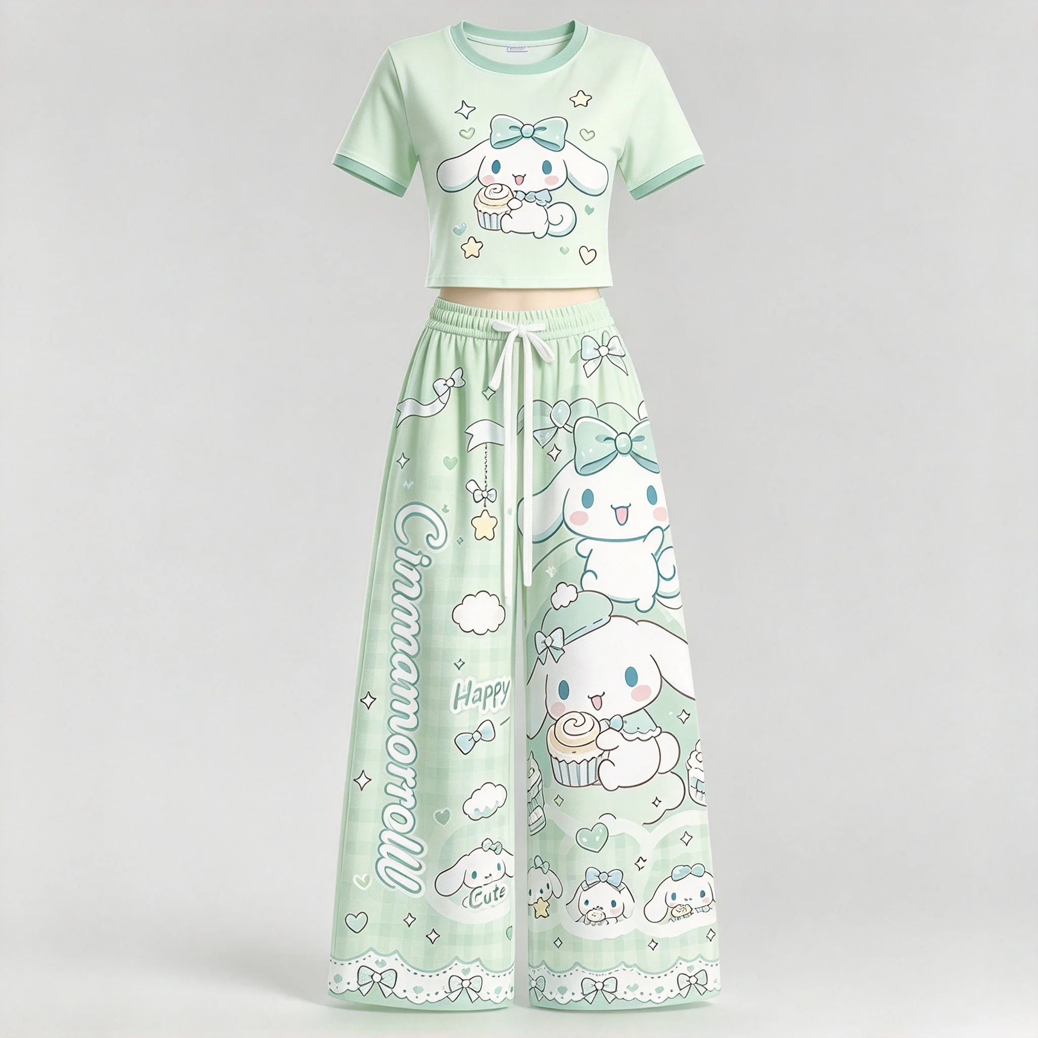Cute Cinnamoroll Print 2 Piece Set Cropped Tee Elastic Waist Wide Leg Trousers Kawaii Girls Casual Streetwear Outfit
