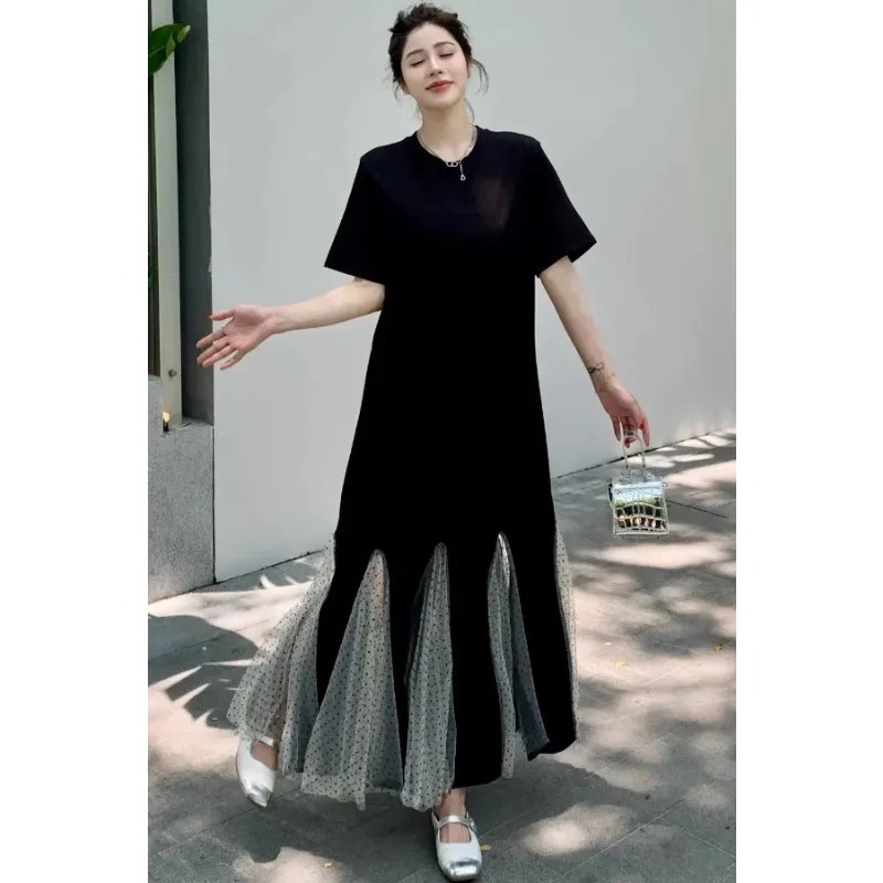 Women's Plus Size Polka Dot Mesh Panel T-Shirt Maxi Dress Loose Casual Summer Dress