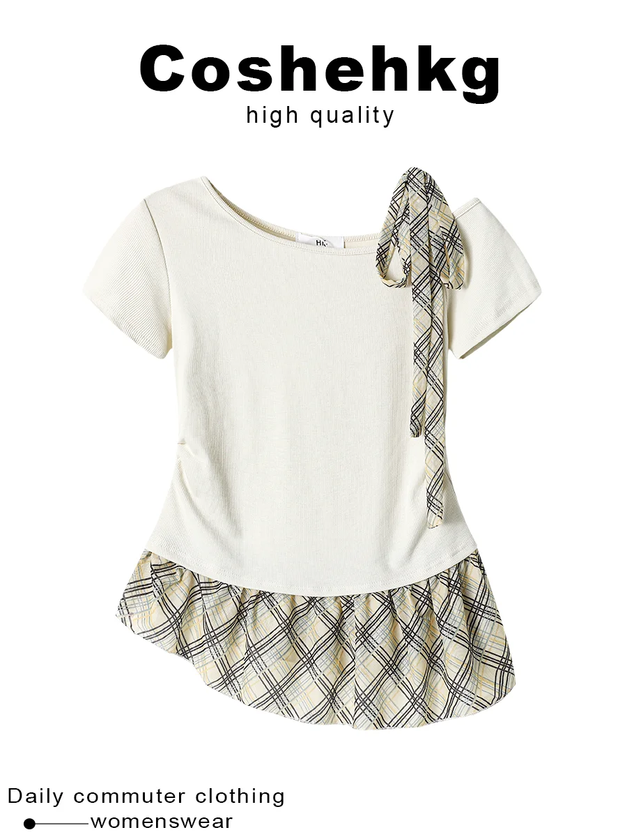Coshehkg Design Sensual Shoulder Tied Checkered Splicing Short Sleeve Women's Summer Slimming Versatile Top Commute Style