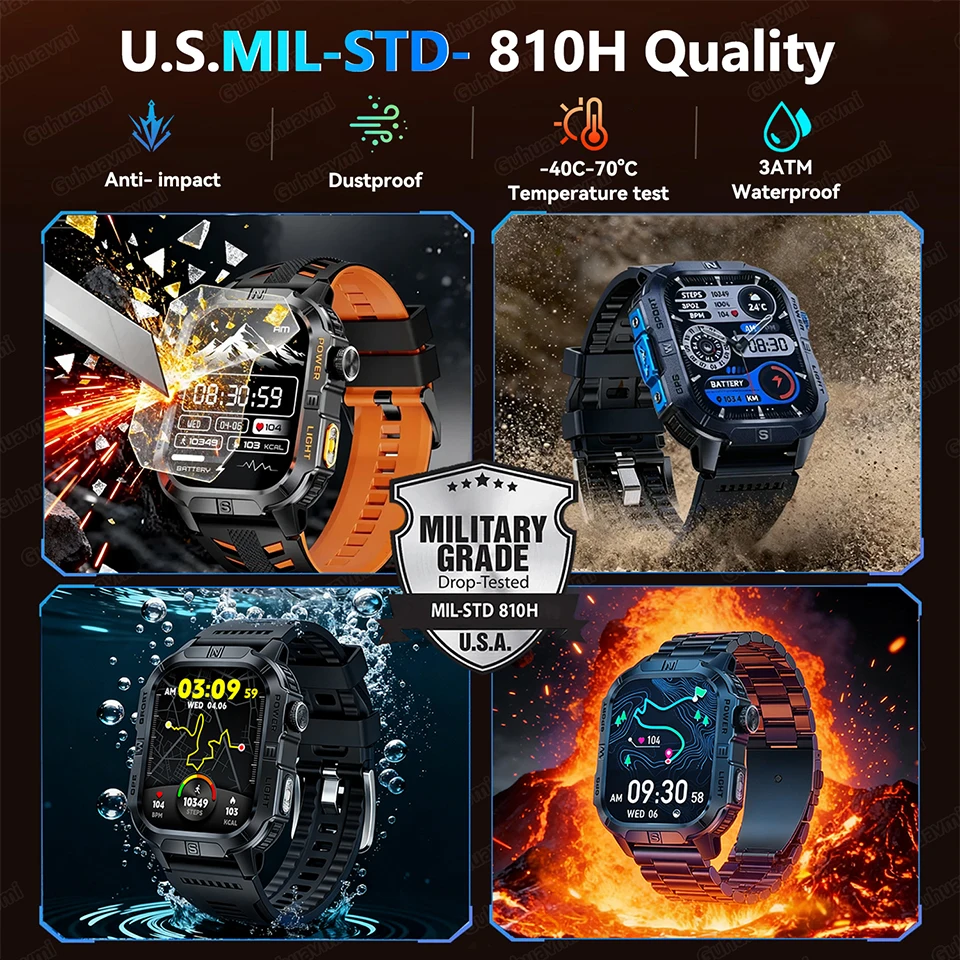 2026 Новые мужские военные GPS SmartWatch 2,01-дюймовый AMOLED-экран, двухдиапазонный GPS-компас, HD Bluetooth-вызов, 3 атм, водонепроницаемый спортивный браслет