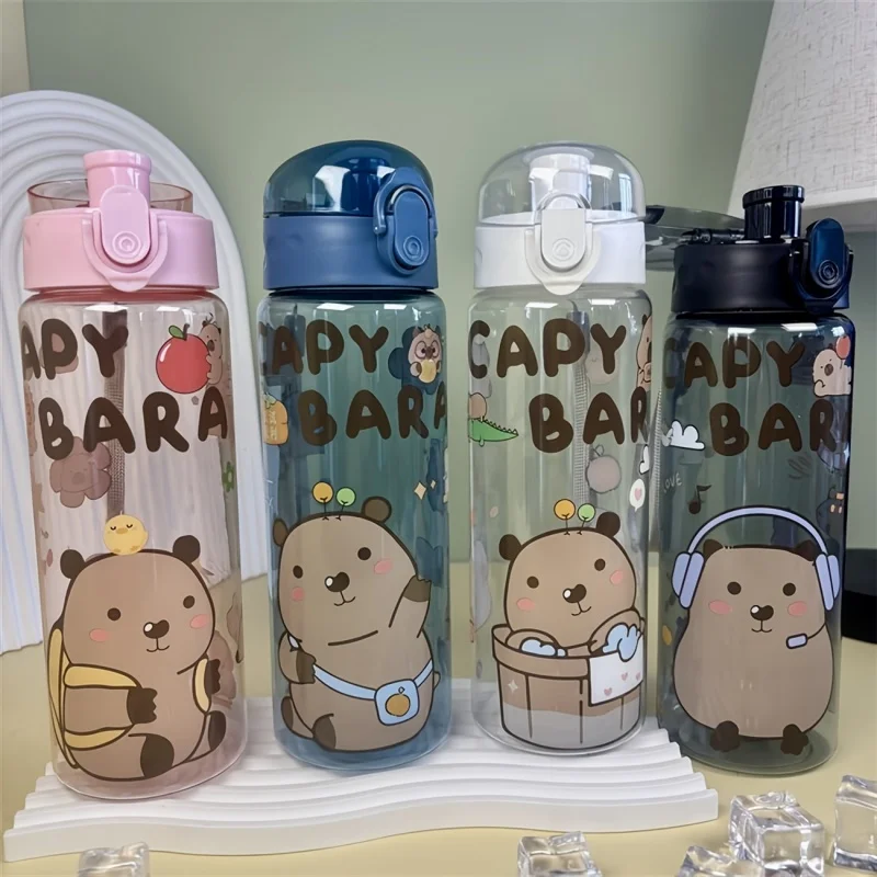 780ml Capybara transparent Cup Cute Cartoon Water Bottle with Carry Strap Leakproof Portable Outdoor Drinking Cup Sports Bottle