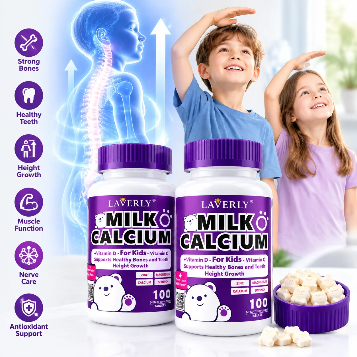Kids Milk Calcium Tablets Strong Bones Teeth Health Height Growth Muscle Function Nerve Care Everyday Antioxidant 100 Tablets
