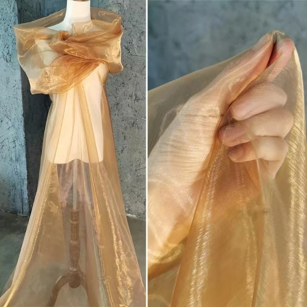 

Gold Coffee Rigid Glass Bead Shiny Organza Fabric For Wedding Dresses Formal Gowns Fashion Designer Cloth