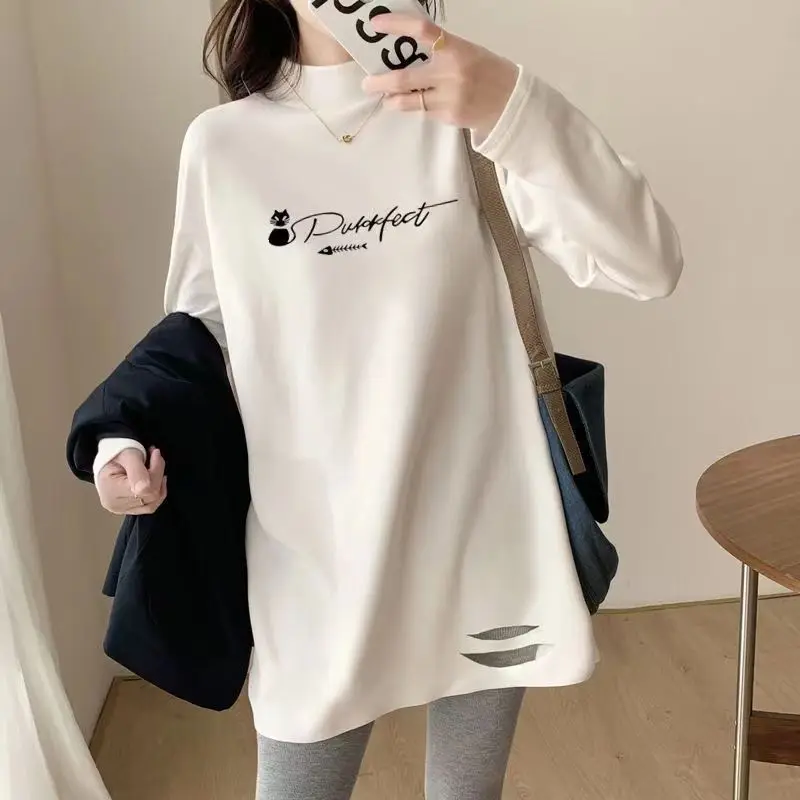 Fashion O-Neck Solid Color Printed Hole T-Shirt Female Clothing 2023 Autumn New Oversized Loose All-match Tops Casual T-Shirt