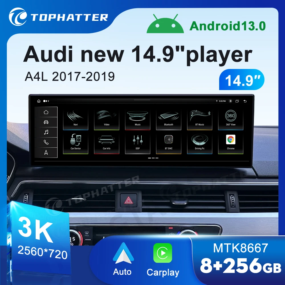 

14,9-дюймовый автомобильный радиоприемник для Audi A4L A4 B9 A5 RS4 RS5 экран CarPlay Android Auto Мультимедийный проигрыватель Navi дисплей Головное устройство Видео DSP