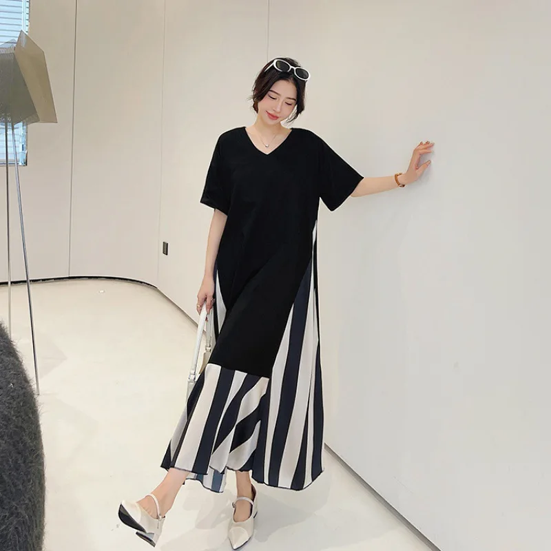 Korean Fashion 2023 Summer New Long Relaxed Large Size Collared Velvet Satin Stripe V-Neck Fake Two Piece Short Sleeve Dress