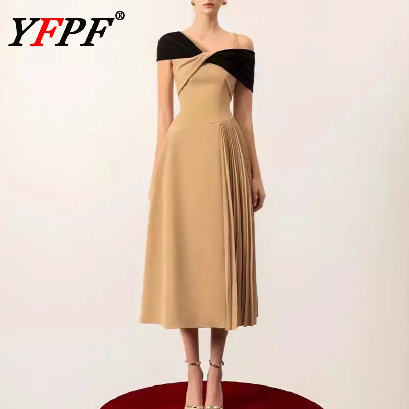 

YFPF Women Elegant Dress Contrast Color Patchwork Design Irregular Collar High Waist Pleated Long Dresses Fashion 2026 New