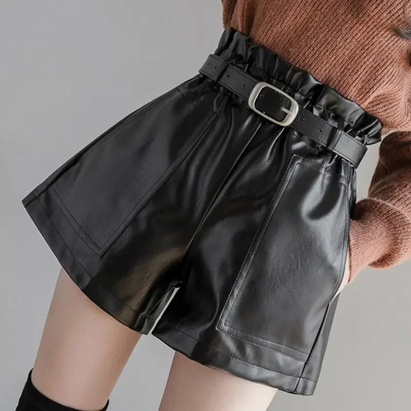 Shorts pu feminino perna larga casual solto vintage streetwear cintura alta bolsos macios legal estilo coreano simples chique roupas de outono