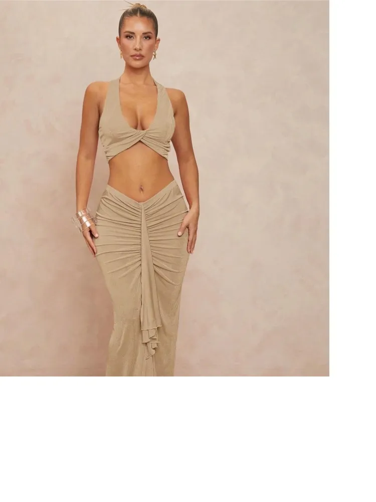 

Package Hip Two Piece Outfit Woman Slit Slim Solid Color Sling Pleated New In Matching Sets Sexy Beachwear Vacation Skirts Vest