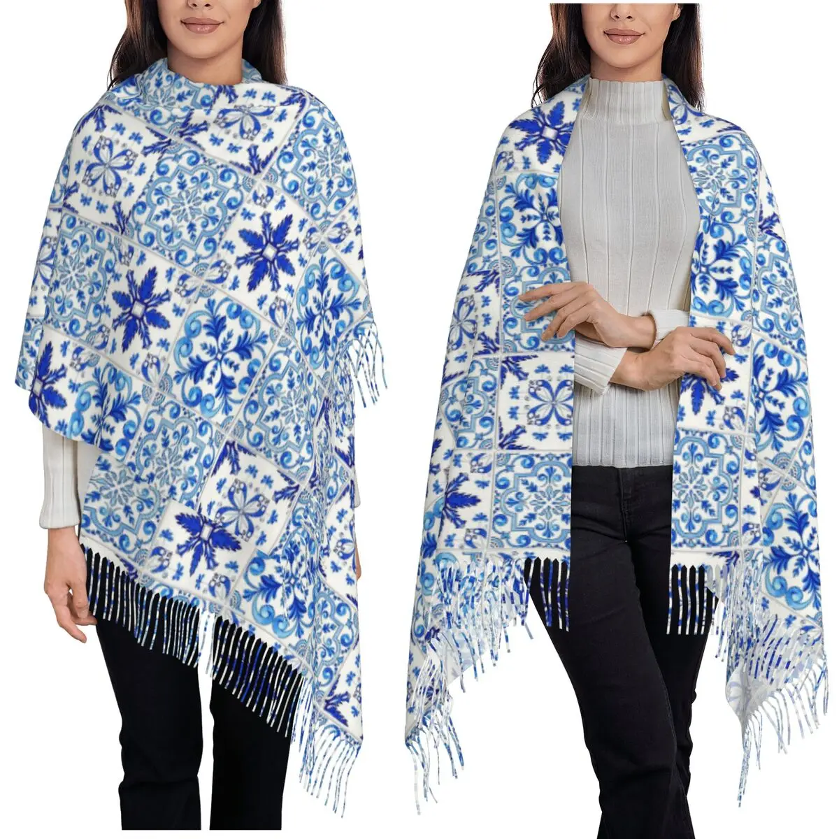 Mediterranean Mosaic Tiles Azulejo Scarf Tassel Scarves Women Soft Warm Shawls and Wraps Large Fall Winter Shawl Wrap