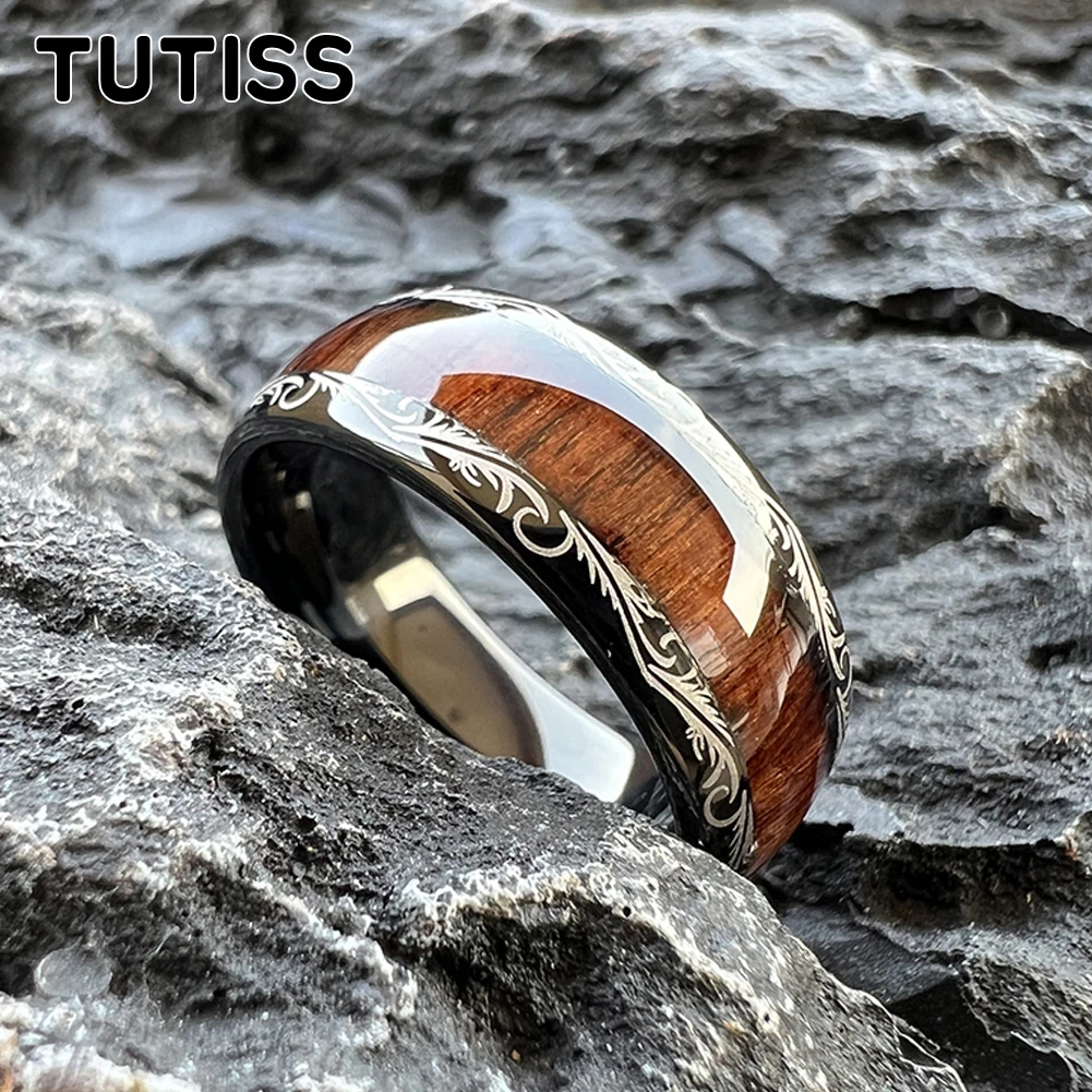 TUTISS 8mm głębokie palisander wkładka z drewna czarny pierścionek z wolframem dla mężczyzn kobiety moda zaręczynowy obrączka ślubna z kopułą Comfort Fit