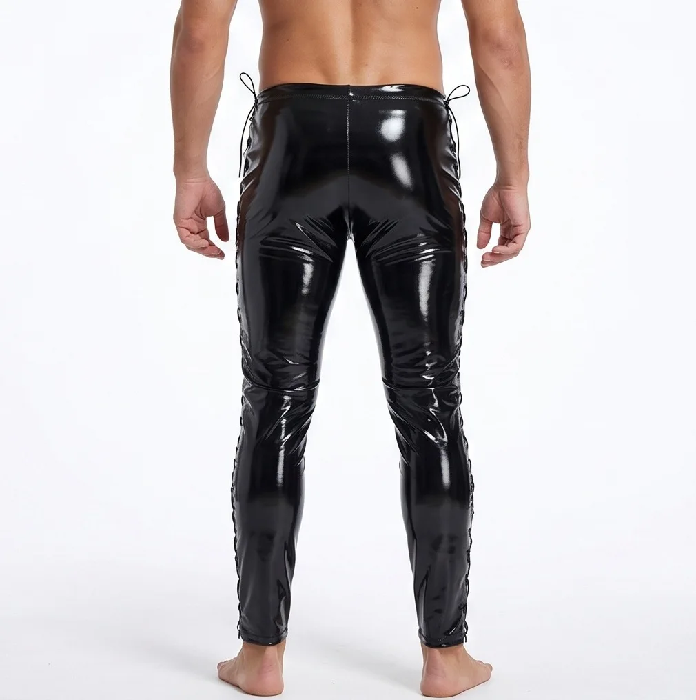 Sexy Men Waterproof PU Elastic Pencil Pants Bandage Hollow No-clean Double Side Slim Trousers Latex Faux Leather Punk Pants view 6