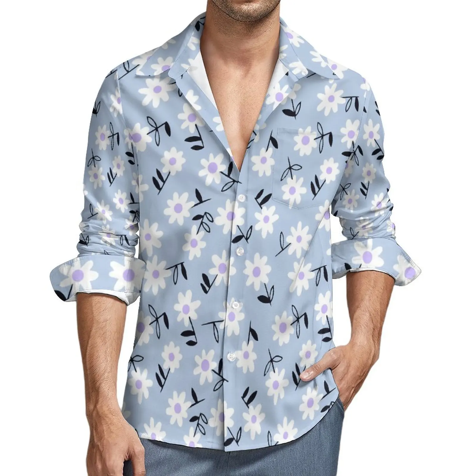 Men's Shirts Blue Daisies Print Blouses Meadow Flowers Shirt Long Sleeve Elegant Lapel Fashion Casual Shirts Autumn Clothing Top