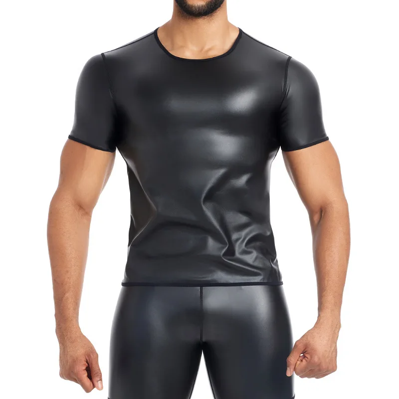 

Men Shiny Wet Look Short Sleeve T-Shirt Top Crew Neck Underwear Shapewear Body Blouse Muscle Tee Shirt Locomotive Clubwear