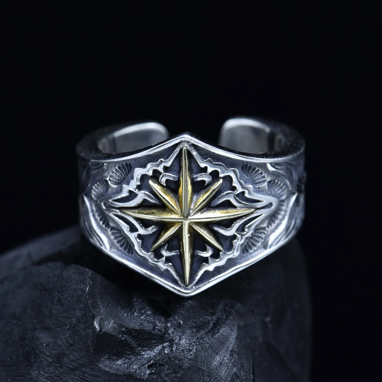 925 sterling silver ring eight-pointed star trendy index finger ring european and american niche design retro ring hip hop style