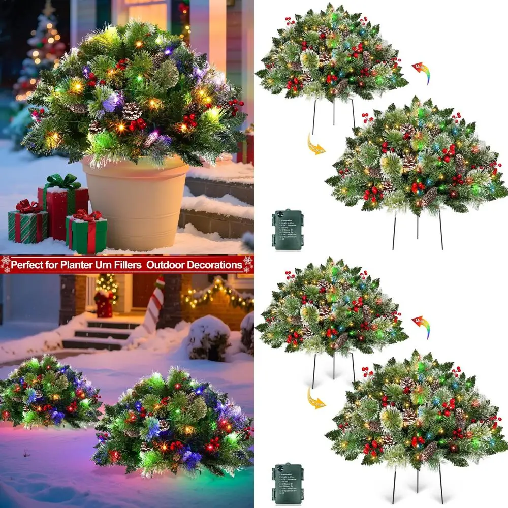 

24 Outdoor Christmas Tree Urn Filler with Timer, 8 Modes, Warm White & Multi-Color Lights, Snowy Pinecone Berries, Yard Porch De