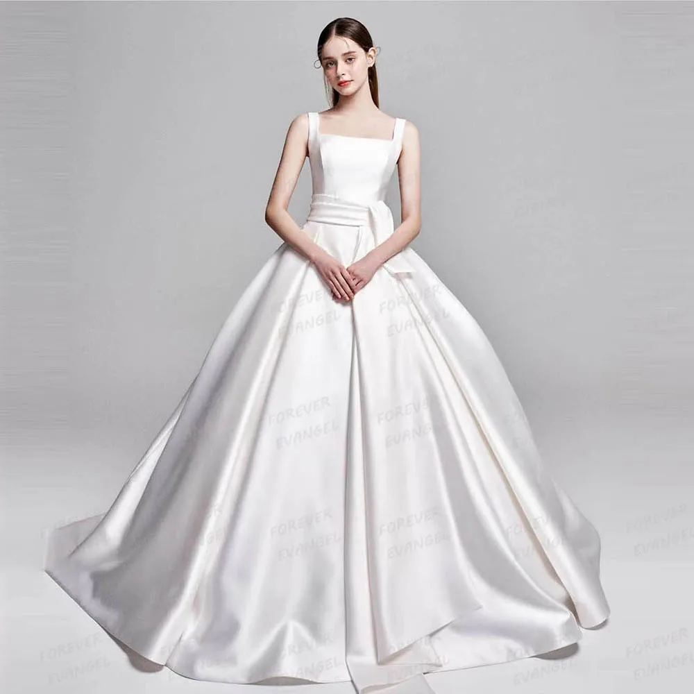 

Simple Wedding Dresses Woman's A Line Sexy Boat Neck Sleeveless Backless Fashion Pleat Satin Bride Gowns Vestidos De Noche Gala