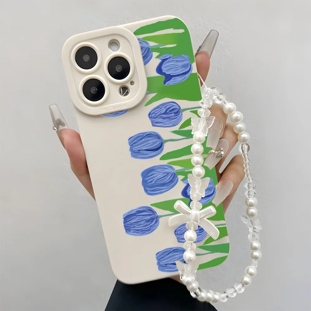 Wrist Strap Lanyard Phone Cases For Samsung Galaxy S26 S25 S24 S23 Ultra S22 Plus A26 A56 A55 A36 A54 A35 Watercolor Tulip Cover