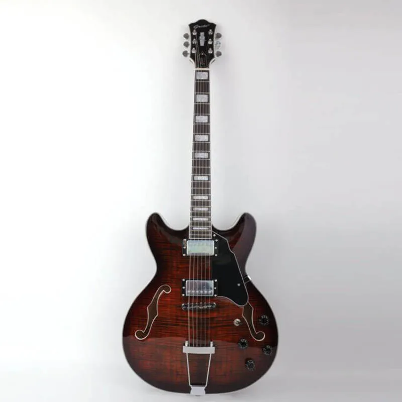 double f hole electric jazz guitar with flame maple veneer fixed bridge rosewood fingerboard block inlay