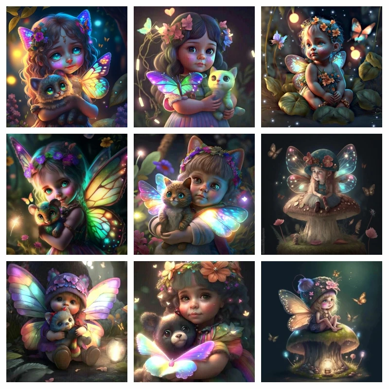 Mythical Cute Fairy Girl AB Drills Diamond Painting Pretty Butterfly Elf With Little Animal Mosaic Cross Stitch Kids Room Decor