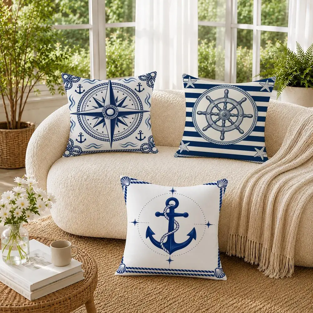 Marine Anchor Ship Wheel Compass Patterns Cushion Cover Soft Pillow Cases Hidden Zipper Cutecore Sofa Bedroom Home Decor Gift