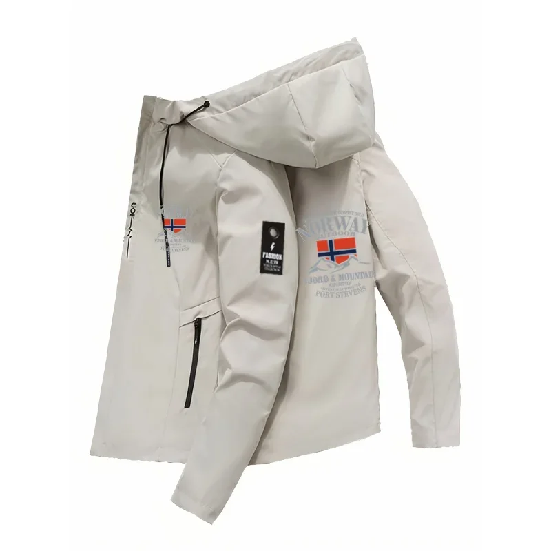 Men'S New Spring And Autumn Vintage Motorcycle Hooded Zipper Pocket Jacket，Norwegian Flag Print Casual Outdoor High Quality