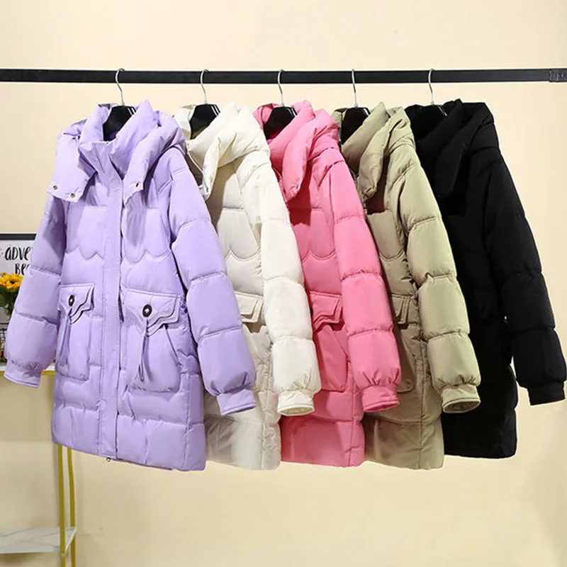 New Down Cotton Coat Women's Korean Long Cotton Clothes Winter Warm Padded Jacket Female Loose Removable Hooded Parker Overcoat