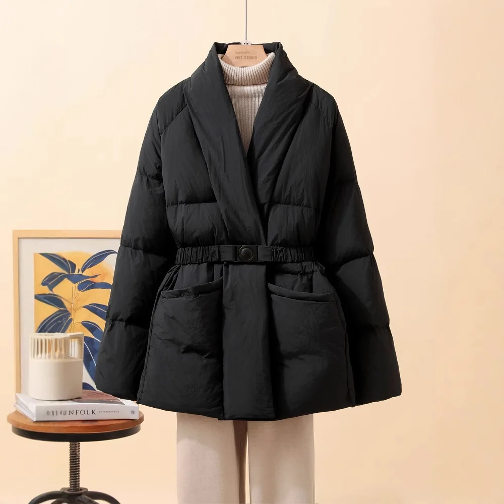 

New Fashion Temperament Cotton Coat Women Winter Warm Solid Color V-neck Gathered Waist Jacket Coats Parkas with Belt