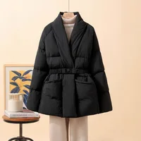 New Fashion Temperament Cotton Coat Women Winter Warm Solid Color V-neck Gathered Waist Jacket Coats Parkas with Belt