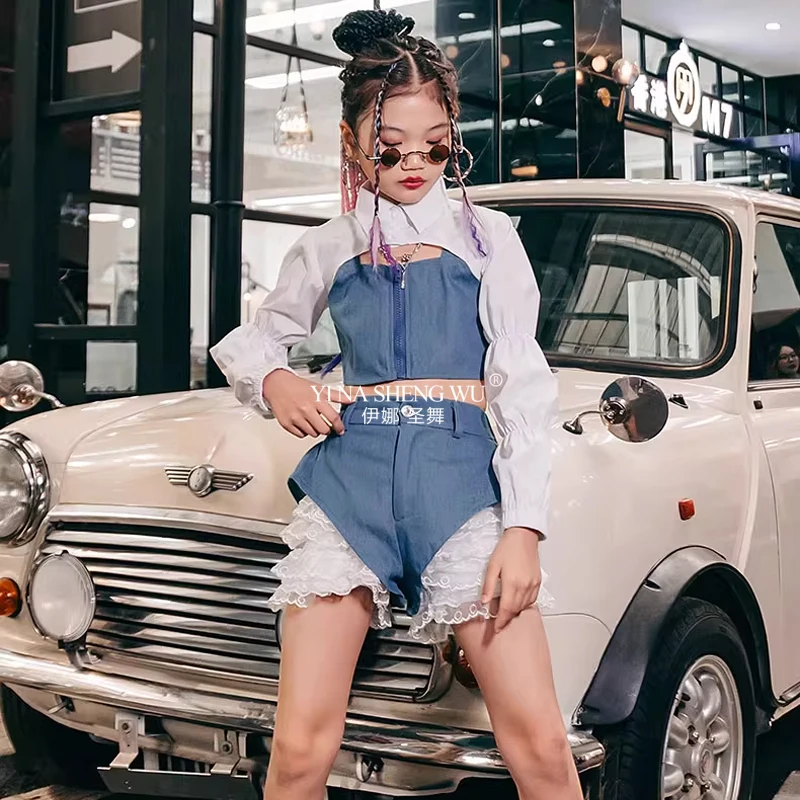 Hip Hop Street Dance Kinderkleding K-pop Podiumoutfits Blauw Wit Mode Cool Jazzdanskleding Meisjes Runway Show Kostuum
