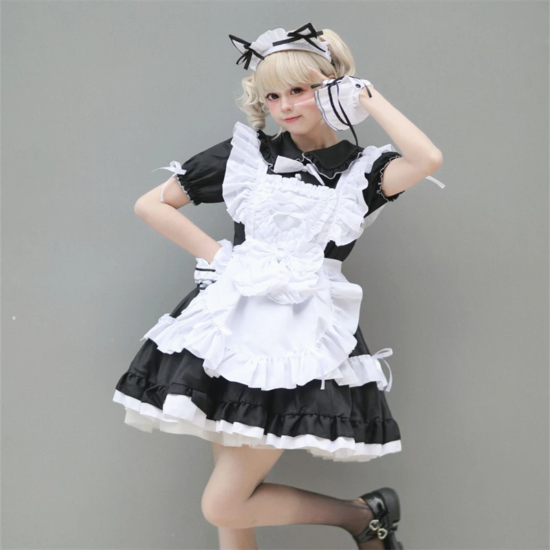 Tenue Lolita classique noire et blanche pour femme, costume de cosplay de femme de chambre anime japonaise, mini robe à manches bulles, col beurre, bourgeon de fleur