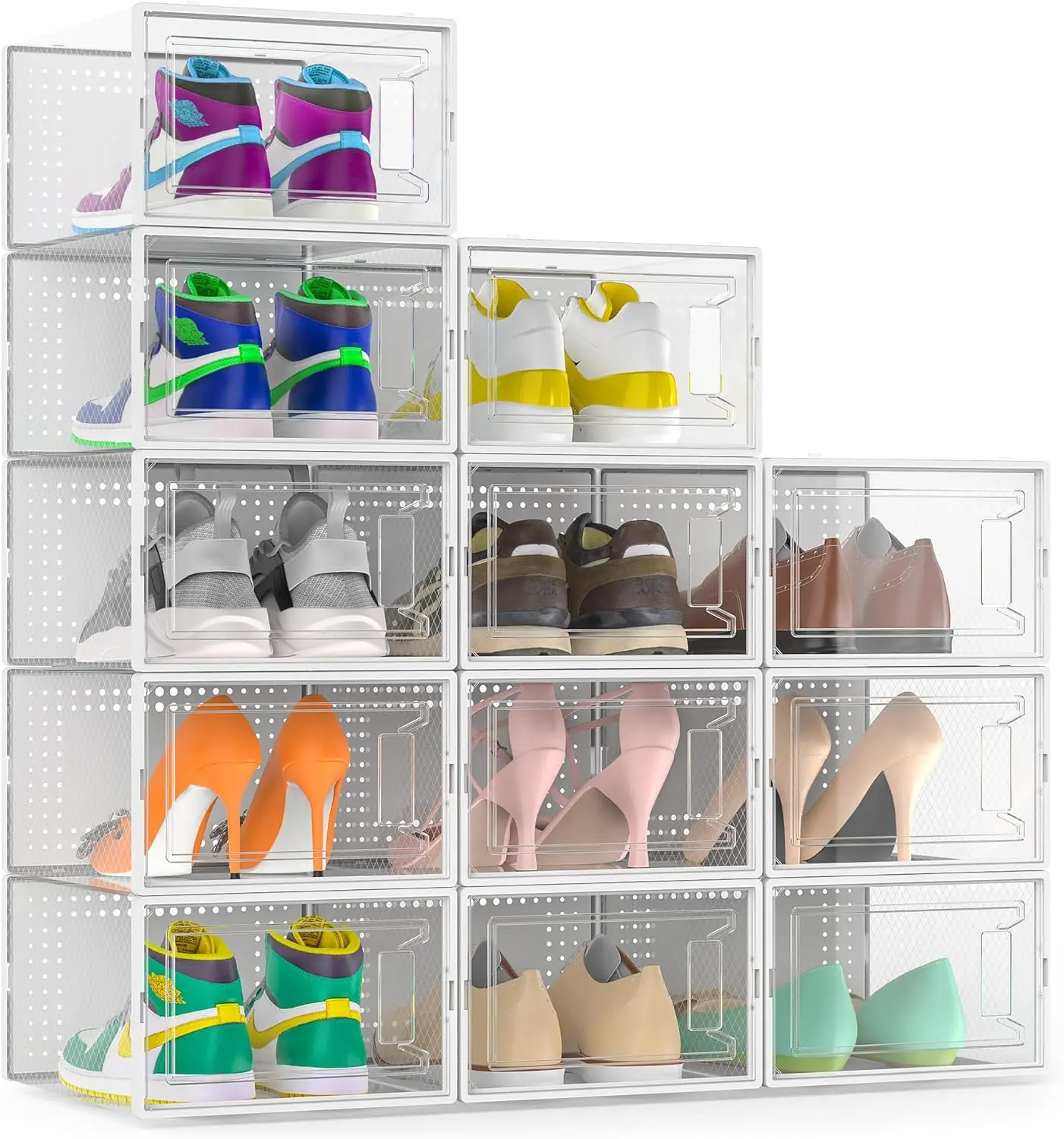 

12 Pack Large Clear Stackable Shoe Storage Boxes with Lids, Modular Organizer for Closet Space Saving