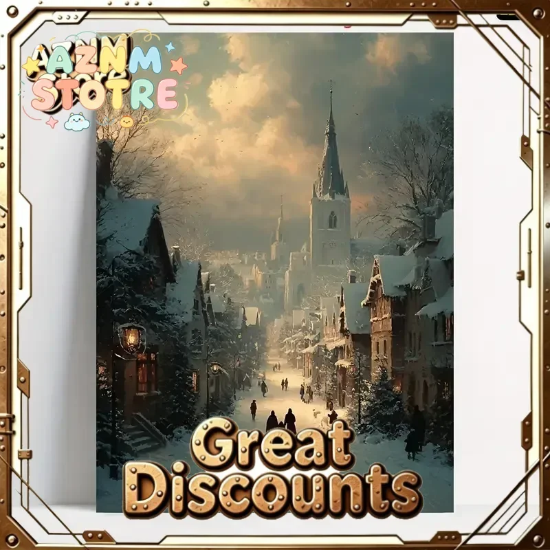 1pc Vintage European Winter Village Canvas Poster - Snow-Covered Cobblestone Streets & Half-Timbered Houses - Wrapped Canvas